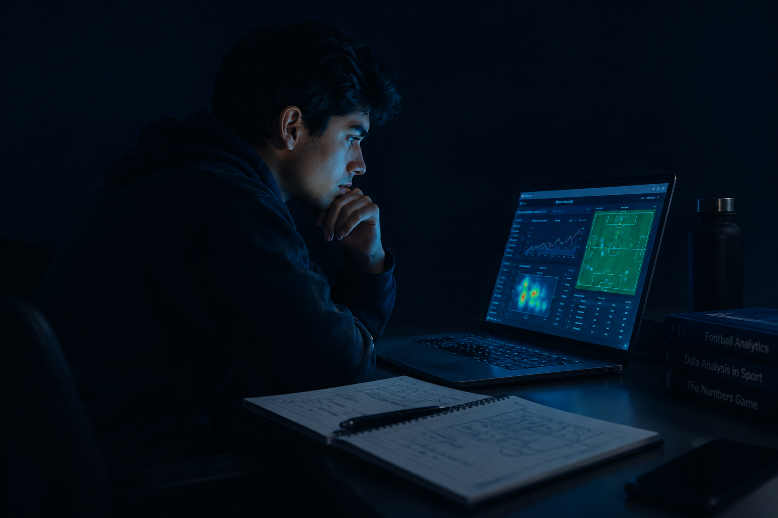 Estudiante analizando fútbol de noche
